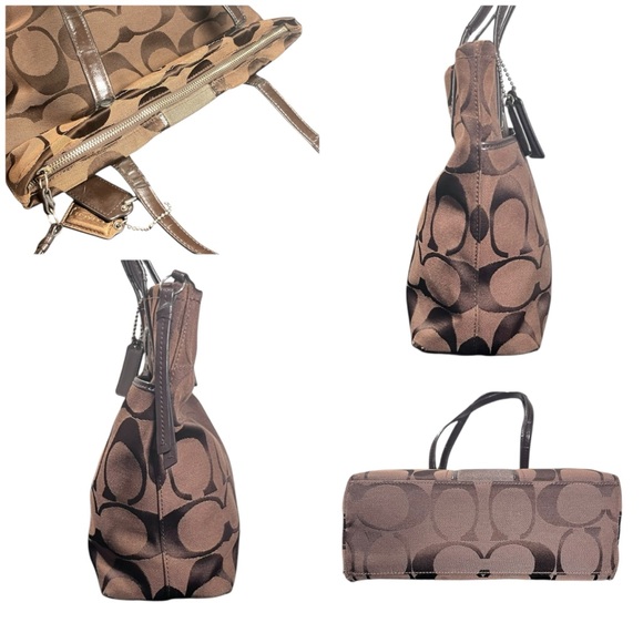 Coach Signature Stripe Khaki Gold Tote Bag Canvas & Patent Leather w/ Hang Tags - Picture 9 of 14